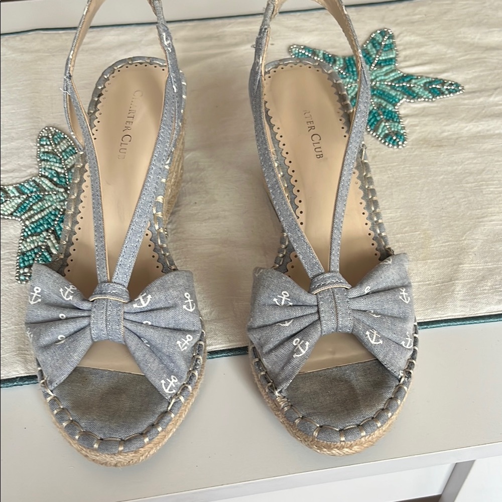 Blue Anchor Bow Wedge Sandals